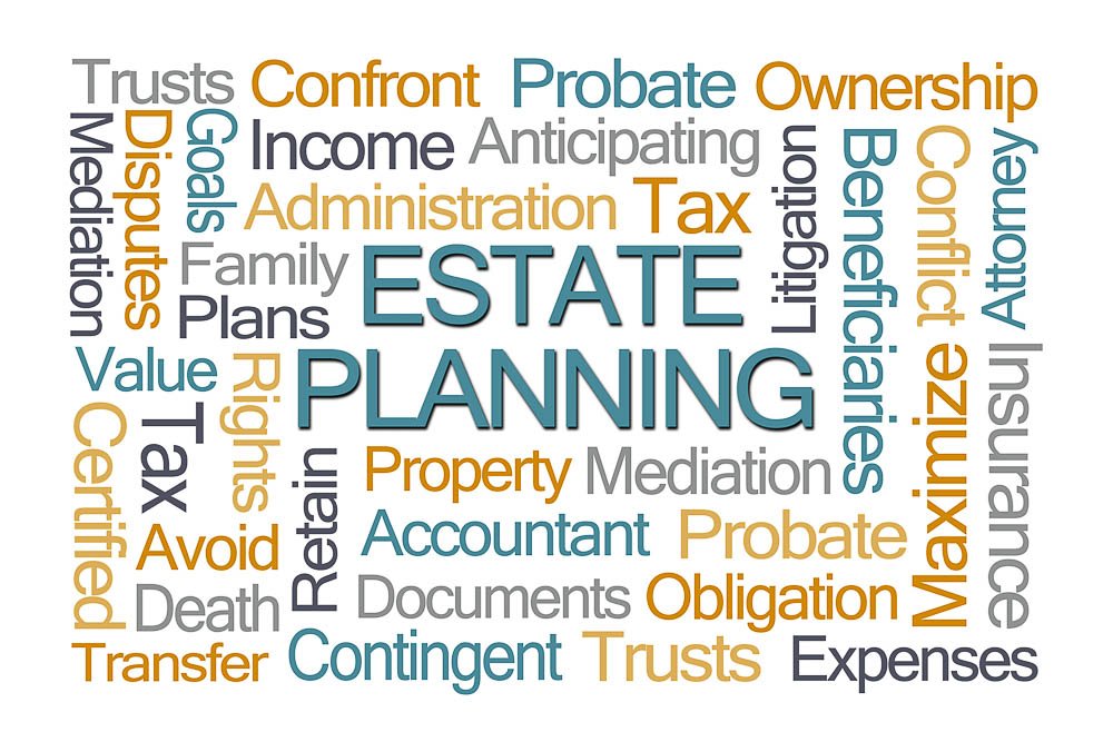 word cloud on a white background wih lots of financial words and estate planning bolded in the middle